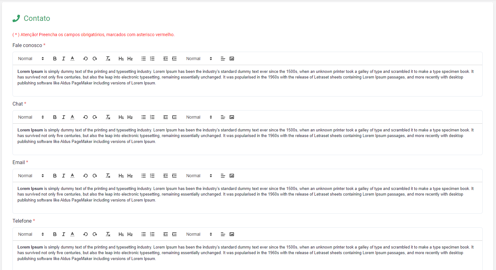 Formulário de configurações de contato