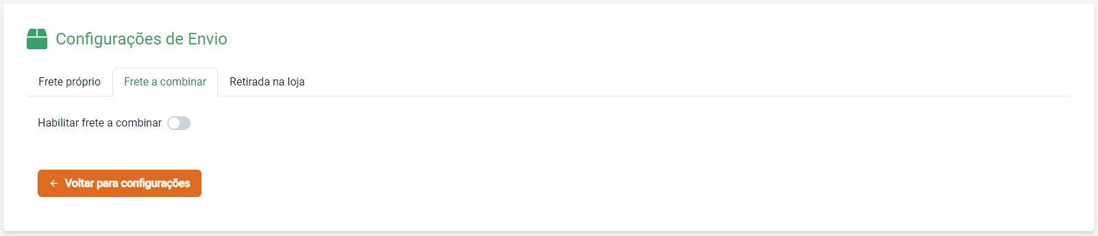 Formulário de configurações de envio