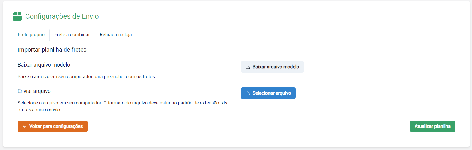 Formulário de configurações de envio