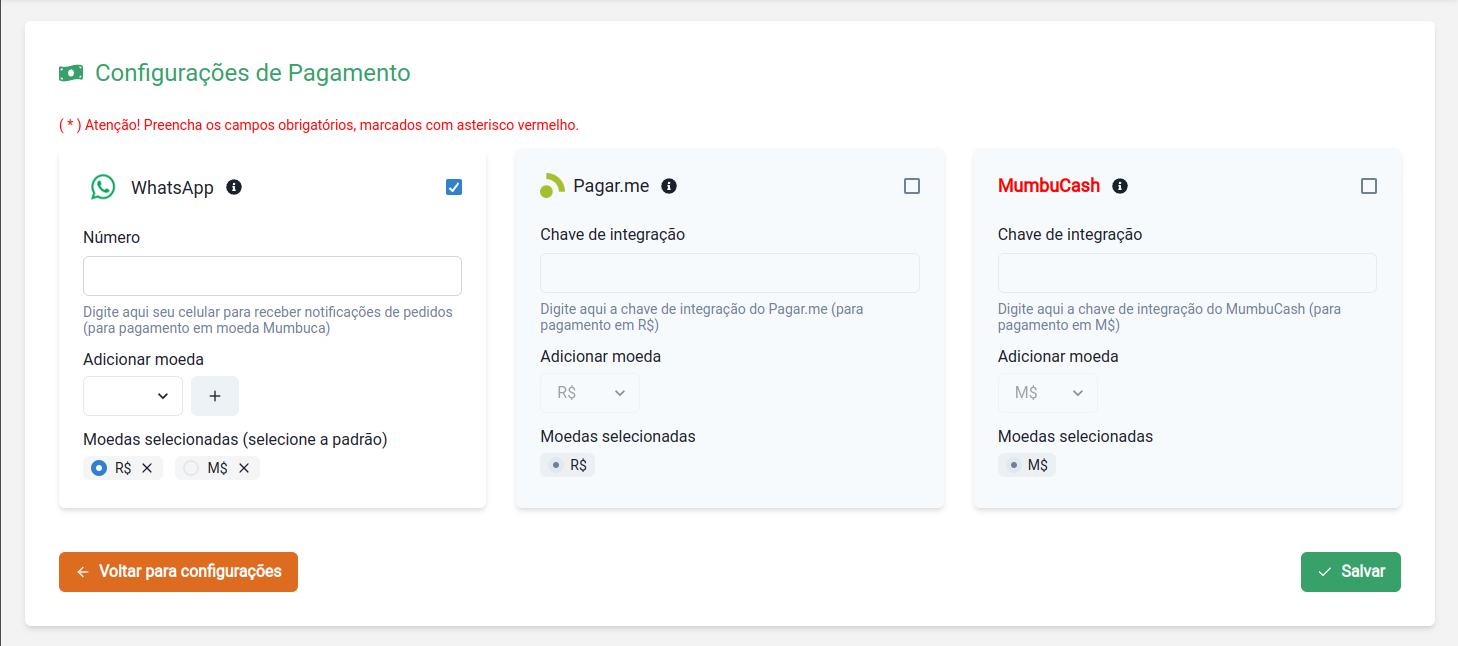 Formulário de configurações de pagamento