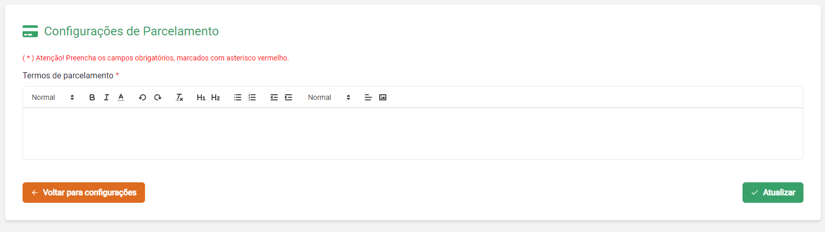 Formulário de configurações de parcelamento
