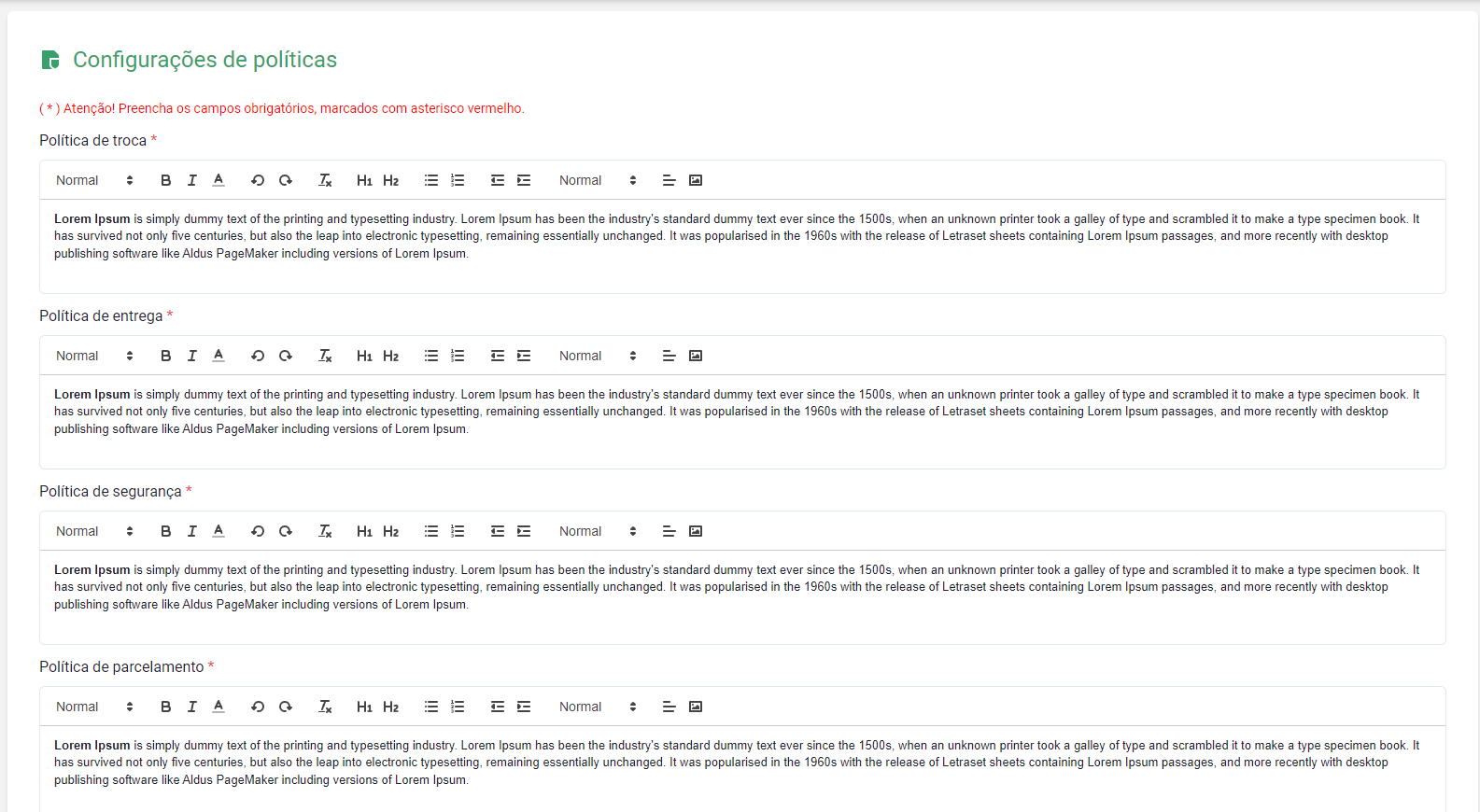 Formulário de configurações de políticas