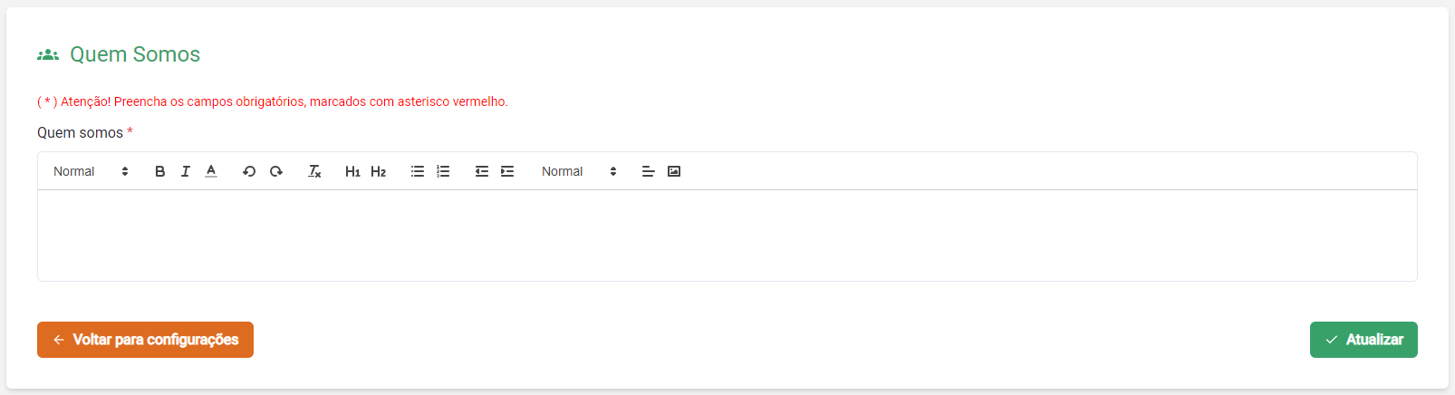 Formulário de configurações de quem somos