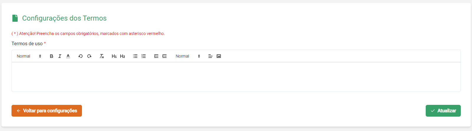Formulário de configurações de termos