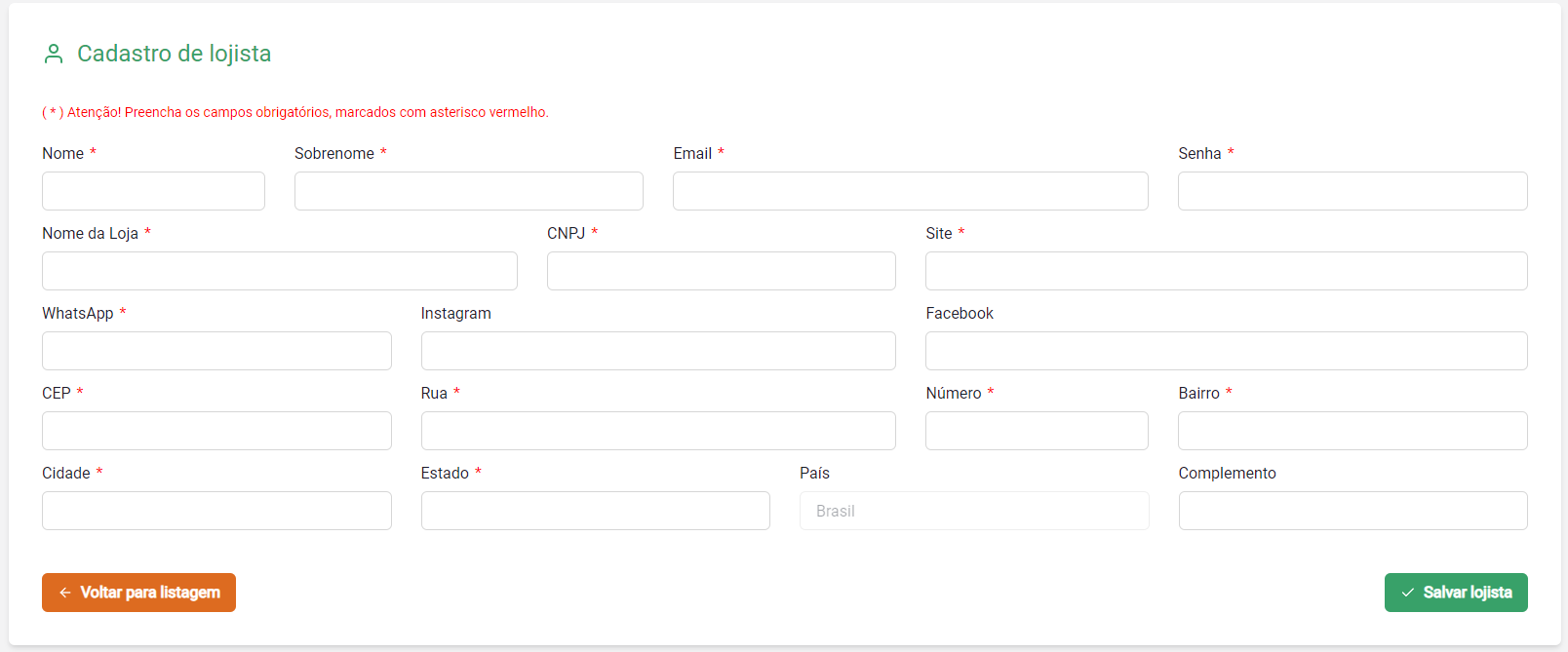 Cadastrar novo lojista
