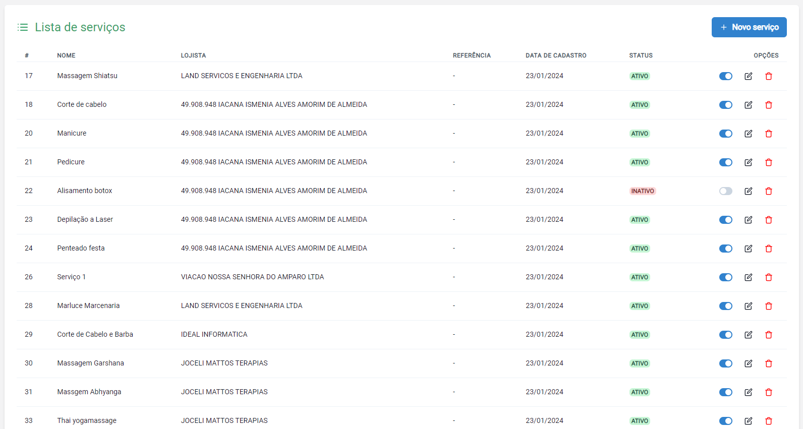 Listagem de serviços